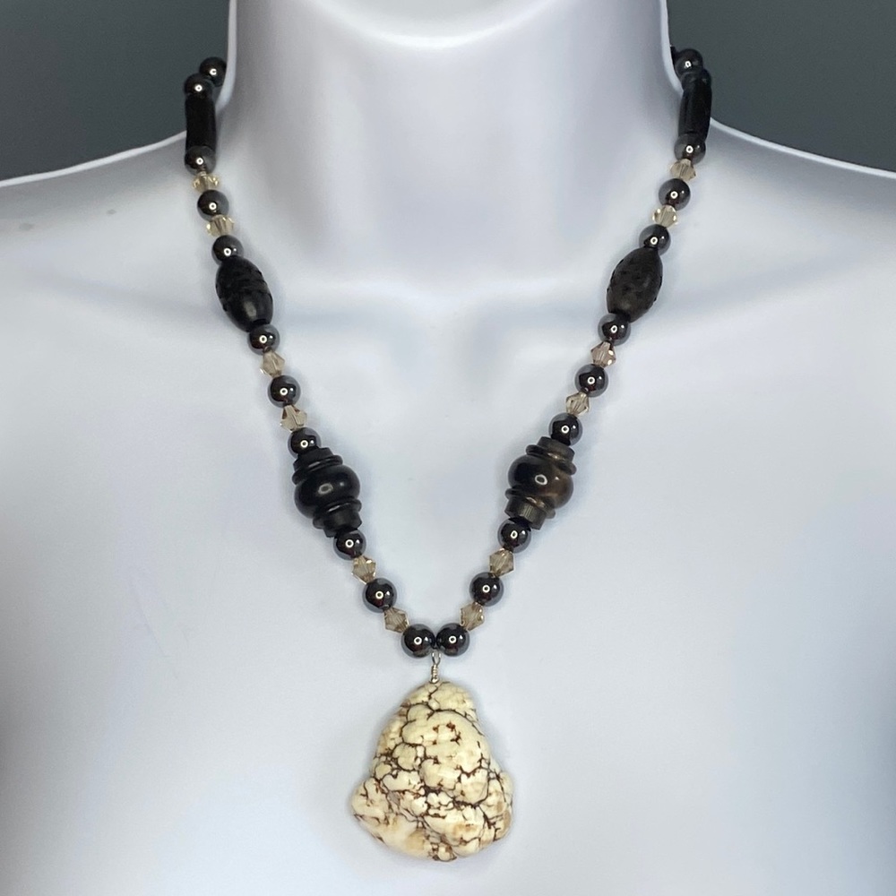 Howlite Hematite Swarovski crystal necklace silver gemstone
